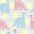 Vector seamless pattern with cute dinosaurus with tropicals leaves on stripes background in flat cartoons style. Childish repeated