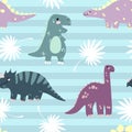 Vector seamless pattern with cute dinosaurus with tropicals leaves on stripes background in flat cartoons style. Childish repeated