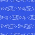 Vector seamless pattern of cute doodle fish with wavy pattern of scales white outline on a blue rich color background for a design Royalty Free Stock Photo