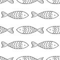 Vector seamless pattern of cute doodle fish with wavy scale pattern black outline on white background for design template. a Royalty Free Stock Photo