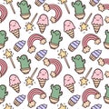 Vector seamless pattern with cute doodle isolated illustrations. Stickers with cactus and rainbow, ice cream cone