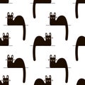 Vector seamless pattern with cute doodle-style cats in monochrome on a white background.