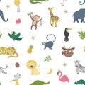 Vector seamless Pattern with cute exotic animals, leaves, flowers, fruits. Funny tropical repeat background with birds and plants Royalty Free Stock Photo
