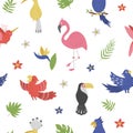 Vector seamless pattern with cute exotic birds, leaves, flowers. Funny tropical background with animals and plants. Bright flat Royalty Free Stock Photo