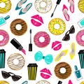 Vector seamless pattern with cute, fashion, style girl`s stuff. Trendy colors. Fashion print with donuts,coffee and cosmetics Royalty Free Stock Photo