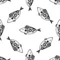 Vector seamless pattern of cute fish. A pattern of FISH drawn in a doodle with circles and dots drawing a black outline on a white Royalty Free Stock Photo