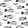 Vector seamless pattern with cute fishes in doodle style isolated on white. Hand drawn black and white texture. Underwater world Royalty Free Stock Photo