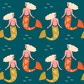 Vector seamless pattern with cute flat mermaids and waves in blue and orange pastel color. Beautiful girl character. Sea princess Royalty Free Stock Photo