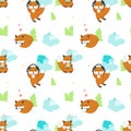 Vector seamless pattern with cute funny foxes