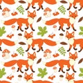 Vector Seamless Pattern with Cute Foxes, Mushrooms, Berries and Leaves. Forest Fox Seamless Pattern.