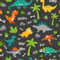 Vector Seamless Pattern. Cute and Funny Flat Dinosaurs - T-rex, Stegosaurus, Velociraptor, Pterodactyl, Brachiosaurus