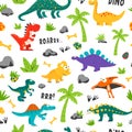 Vector Seamless Pattern. Cute and Funny Flat Dinosaurs - T-rex, Stegosaurus, Velociraptor, Pterodactyl, Brachiosaurus