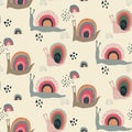 Vector seamless pattern with cute funny rainbow snails in abstract scandinavian style.