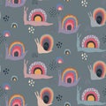 Vector seamless pattern with cute funny rainbow snails in abstract scandinavian style. Royalty Free Stock Photo