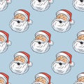 Vector Seamless Pattern - Cute Funny Smiling Santa Claus on Blue. Design Template for Holiday Merry Christmas, Happy New Royalty Free Stock Photo