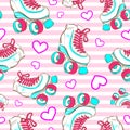 Vector seamless pattern with cute glamour roller skates. Girls. Sport. Love