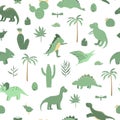 Vector seamless pattern with cute green dinosaurs with palm trees, cactus, stones,