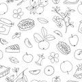 Vector seamless pattern of cute hand-drawn apples, apple pie, flowers, jam jar. Black and white repeat background. Home made food Royalty Free Stock Photo