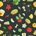 Vector seamless pattern of cute hand-drawn apples, apple pie, flowers, jam jar. Colorful repeat background. Home made food theme. Royalty Free Stock Photo