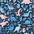 Vector seamless pattern with cute hand drawn cartoon dinosaurs, leaves and branches isolated on blue background. Illustration for
