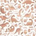Vector seamless pattern with cute hand drawn cartoon dinosaurs, leaves and branches isolated on white background. Boho