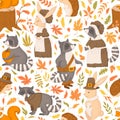 Vector seamless pattern with cute hand drawn cartoon raccoons, squirrels, rabbits, hedgehogs, autumn leaves isolated on white