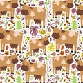 Vector seamless pattern with cute hand drawn cow, flowers and leaves Royalty Free Stock Photo