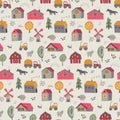 Vector seamless pattern with cute hand drawn farm animals, trees, houses, tractor, mill.