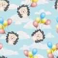 Vector seamless pattern of cute hedgehog with balls, cartoon design