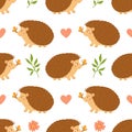 Vector seamless pattern with cute hedgehogs, hearts, plants and flowers.