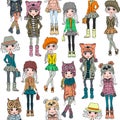 Vector seamless pattern with cute hipster girl