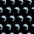 Vector seamless pattern with cute jumping dolphins monochrome. blue on black background Royalty Free Stock Photo