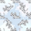 Vector seamless pattern with cute kittens on a blue background. Baby for fabric, paper, interior design or clothing