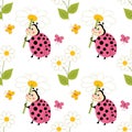 Vector Seamless Pattern with Cute Ladybugs. Vector Ladybird. Ladybug Seamless Pattern Vector Illustration. Royalty Free Stock Photo