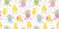 Vector seamless pattern with little chickens and flowers in Easter eggs. Royalty Free Stock Photo