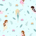 Vector seamless pattern with cute little fairy tale girls, mythical creatures Royalty Free Stock Photo