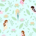 Vector seamless pattern with cute little fairy tale girls, mythical creatures Royalty Free Stock Photo