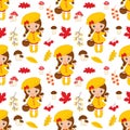 Vector Seamless Pattern with Cute Little Girl. Vector Autumn, Fall