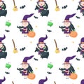 Vector seamless pattern with cute little Halloween witch Royalty Free Stock Photo