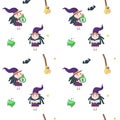 Vector seamless pattern with cute little Halloween witch Royalty Free Stock Photo