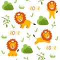 Vector seamless pattern with cute little lion cubs playing in forest