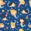 vector seamless pattern of cute little mermaids Royalty Free Stock Photo