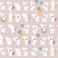 Vector seamless pattern with cute little white bunnies isolated.