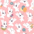 Vector seamless pattern with cute little white bunnies isolated.