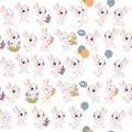 Vector seamless pattern with cute little white bunnies isolated.