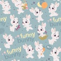 Vector seamless pattern with cute little white bunnies isolated.