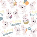 Vector seamless pattern with cute little white bunnies isolated.