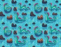 Vector seamless pattern with cute Loch Ness Monsters and decorative hills in the lake. Cartoon blue surface background