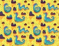 Vector seamless pattern with cute Loch Ness Monsters and decorative hills in the lake. Cartoon yellow surface background