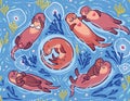 Vector seamless pattern with cute lovely otters in the sea. Decorative surface background Royalty Free Stock Photo